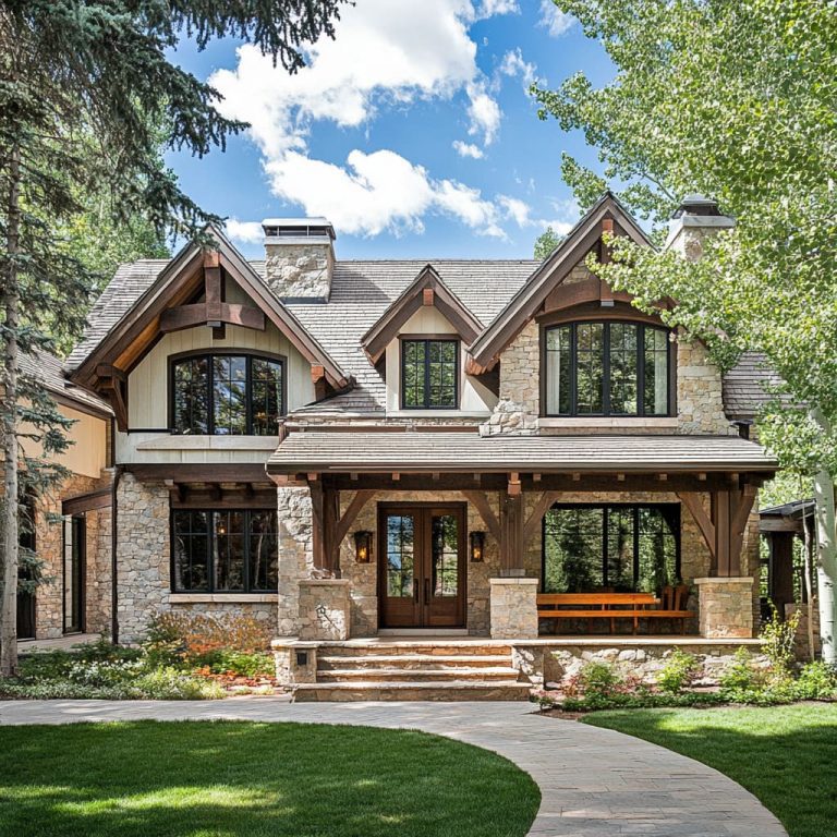 Custom home with stone columns and masonry exterior details