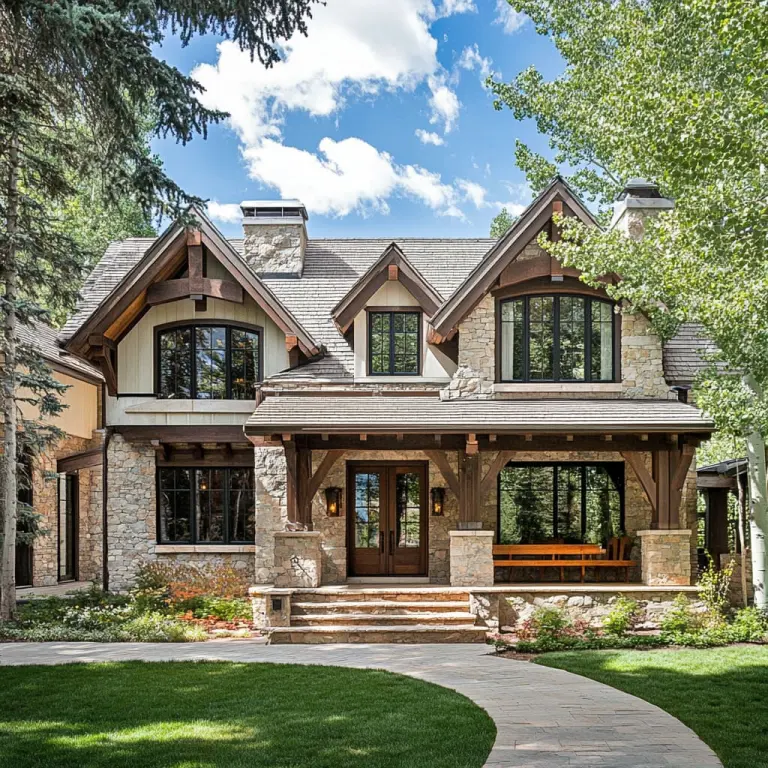 Custom home with stone columns and masonry exterior details